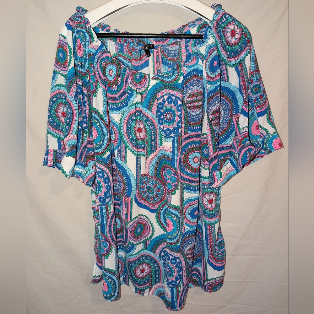 Talbots 2X Colorful Floral Print Short Sleeve Blouse Top Shirt Plus Size XXL